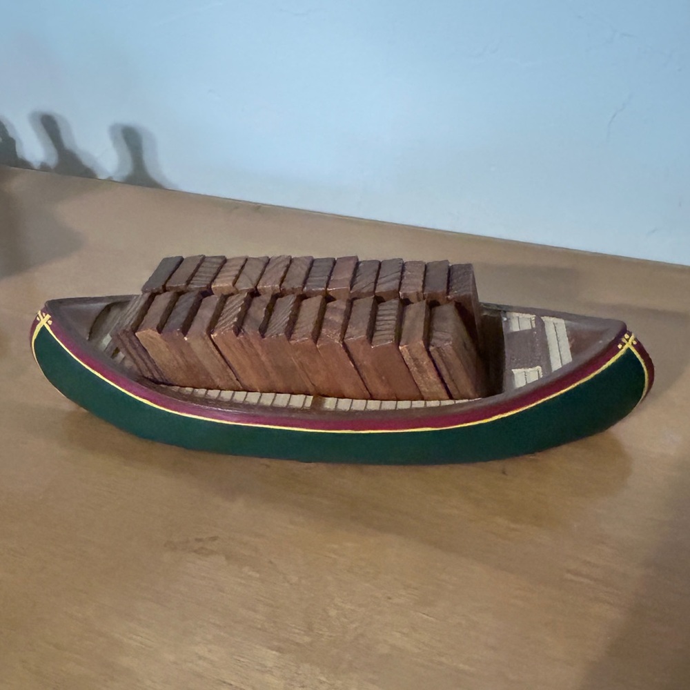 Green and Burgundy Decorative Canoe with Wooden Dominoes